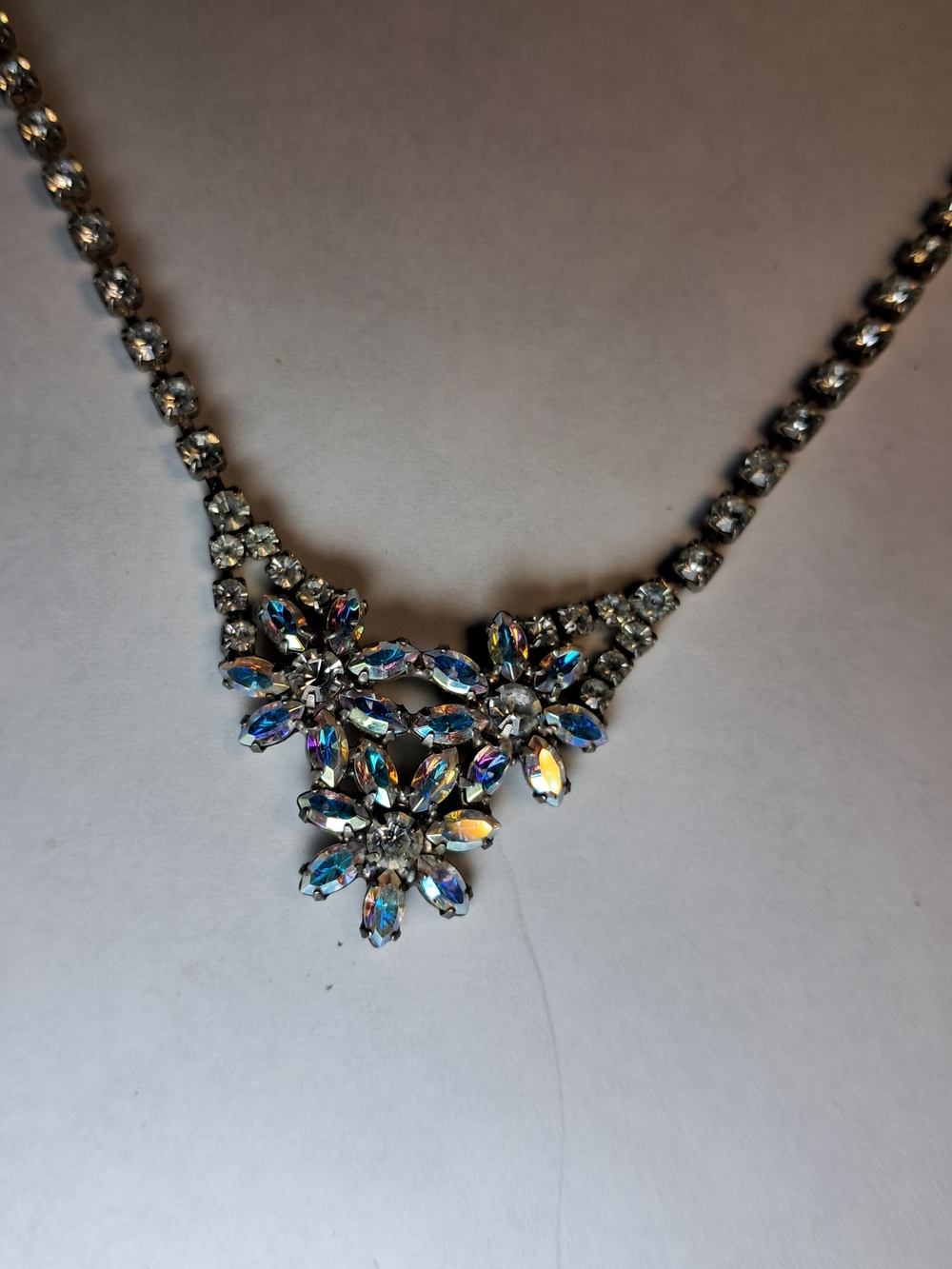 Vintage Aurora Borealis AB Crystal Flower Cluster Necklace w/ Shepherd's Hook